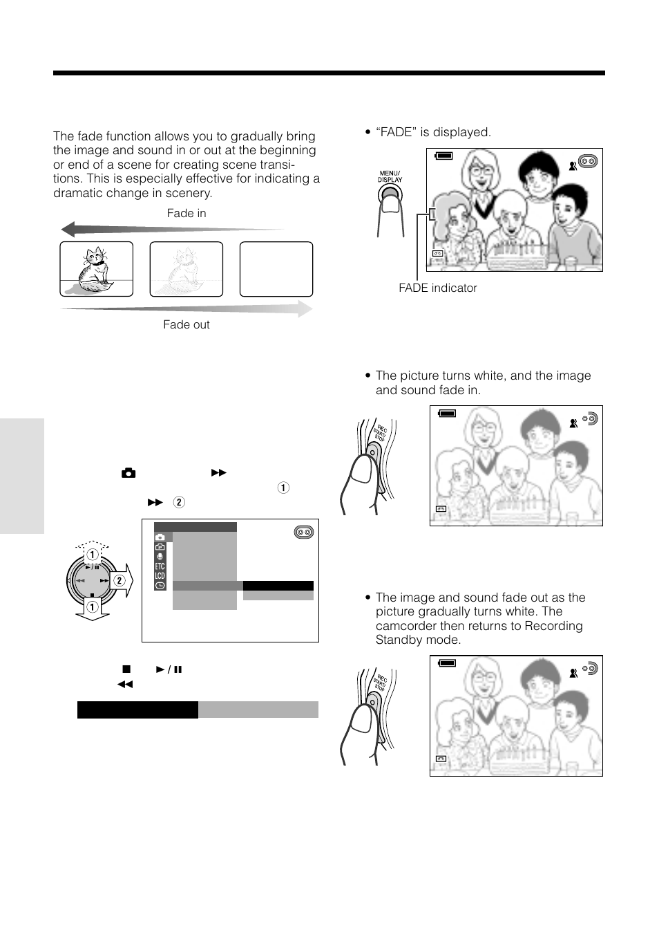 Fade in and fade out, On f ade, Useful features camera recording | Setting fade mode, Using fade mode | Sharp VL-WD255U User Manual | Page 52 / 124