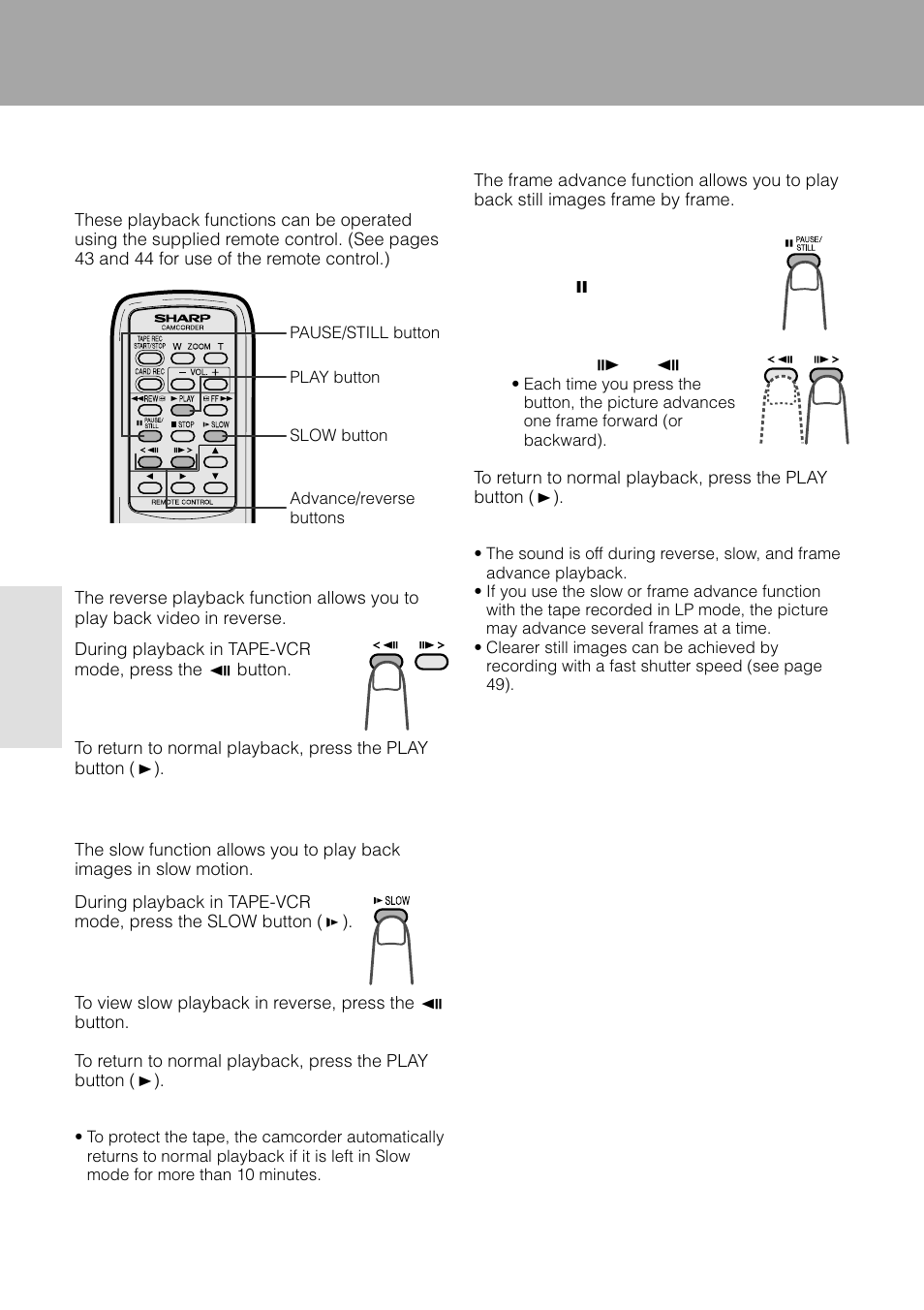 Useful features, Playback functions with the remote control, Playback | Sharp VL-WD255U User Manual | Page 60 / 124