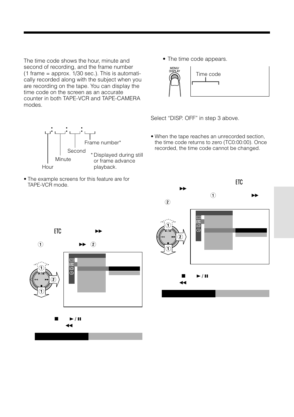Using the time code, On t c ou t, D i sp. on t i me code | Sharp VL-WD255U User Manual | Page 61 / 124