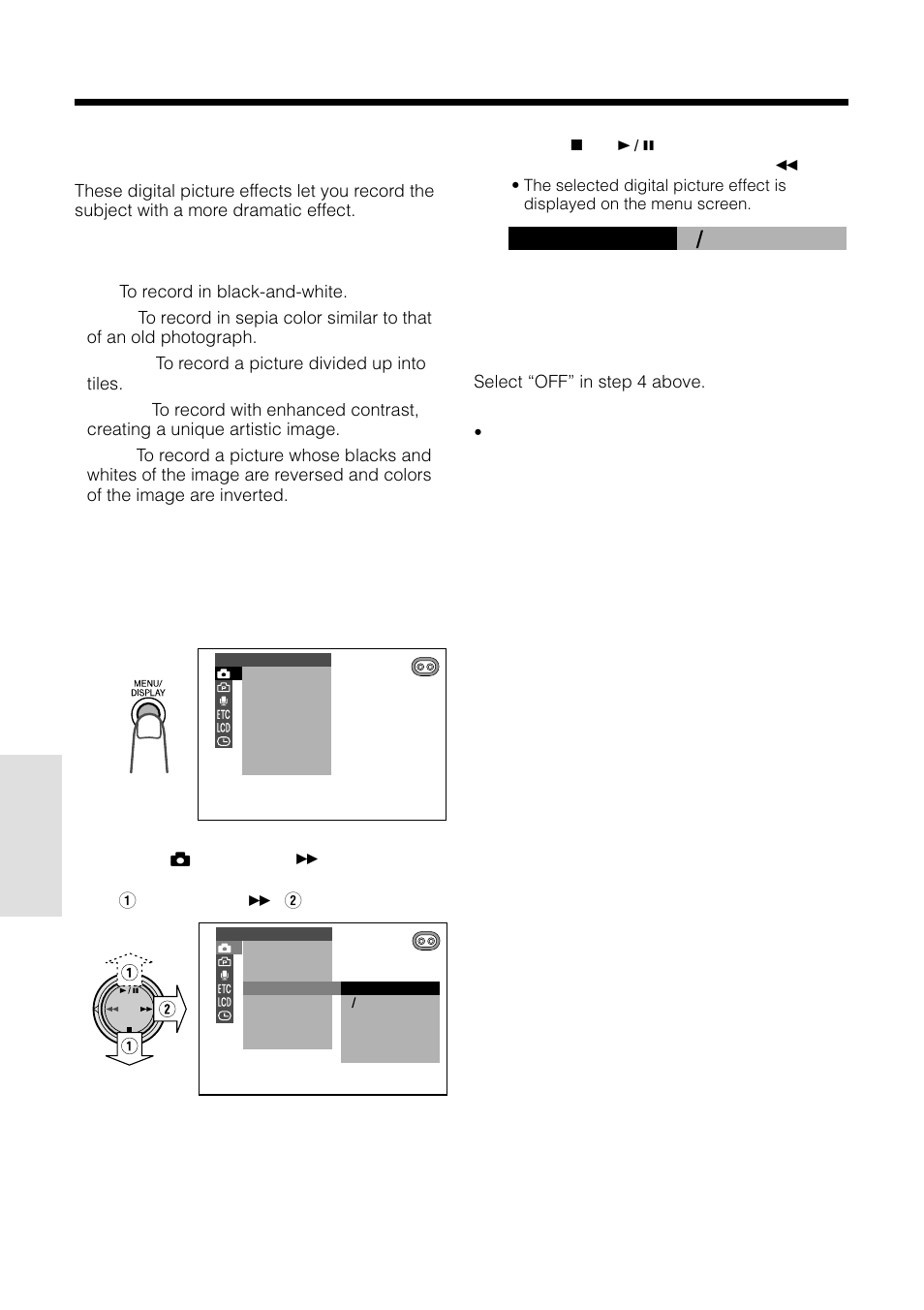 Digital picture effects, Advanced features camera recording, Type of digital picture effects | Sharp VL-WD255U User Manual | Page 68 / 124