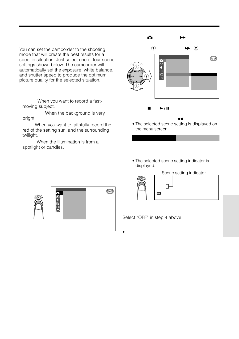 Scene menu (program ae), Sport sc e ne menu, Type of scene settings | Sharp VL-WD255U User Manual | Page 69 / 124