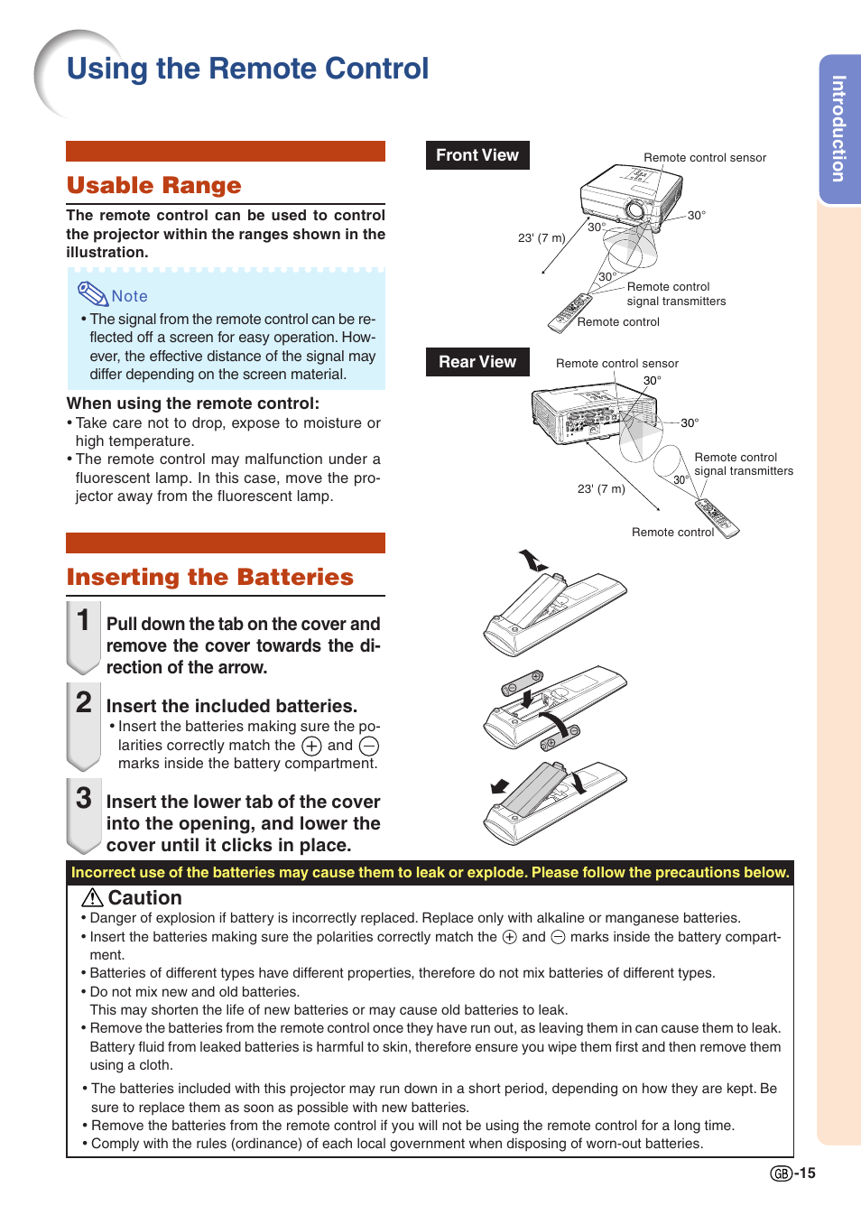 Using the remote control, Usable range, Inserting the batteries | Usable range inserting the batteries, Caution | Sharp Notevision PG-C355W User Manual | Page 17 / 73