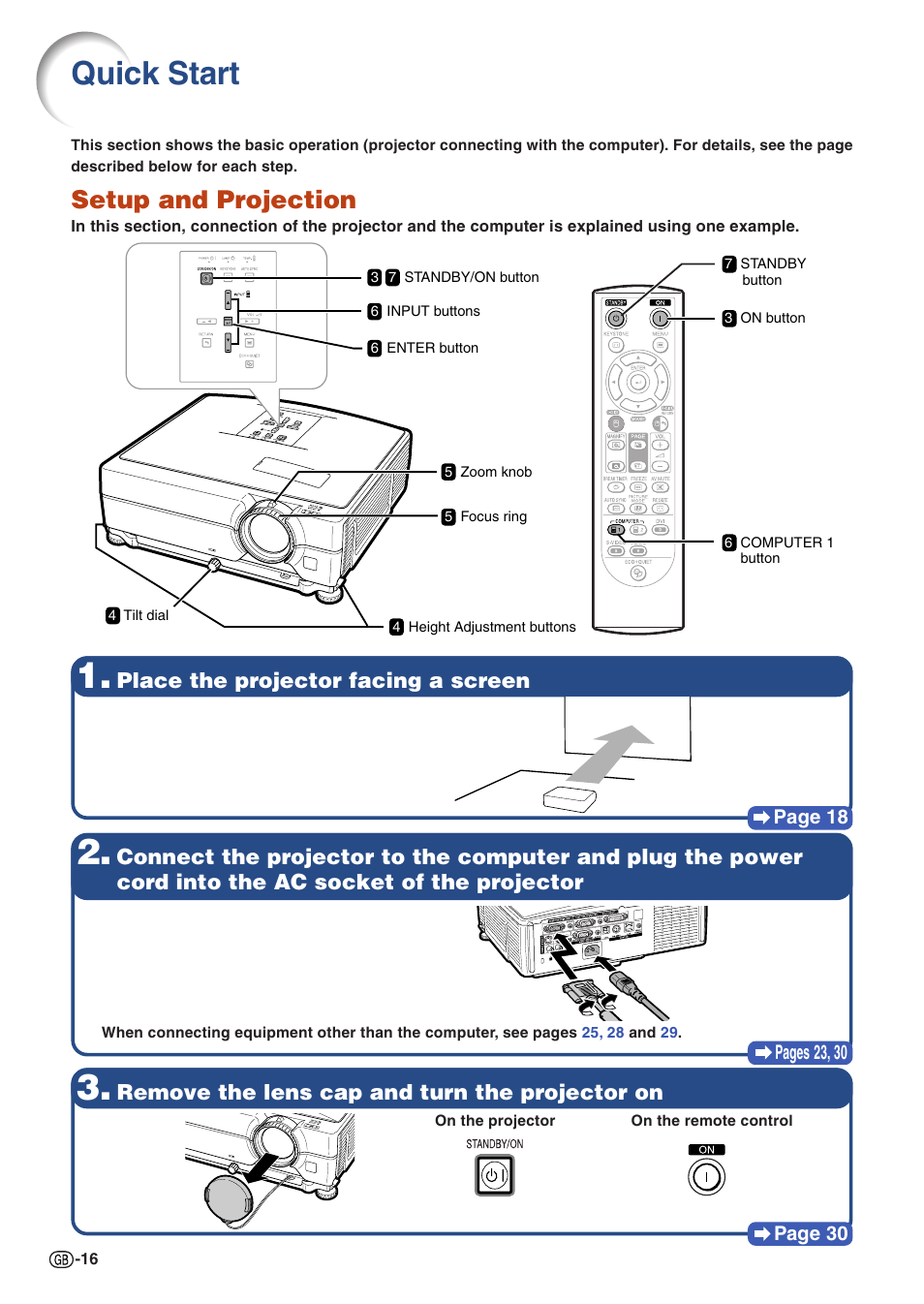 Quick start, Quic, K star | Setup and projection, Place the projector facing a screen, Remove the lens cap and turn the projector on | Sharp Notevision PG-C355W User Manual | Page 18 / 73