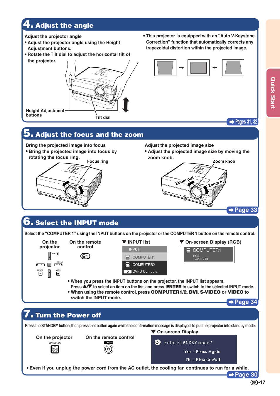 Adjust the angle, Adjust the focus and the zoom, Turn the power off | Select the input mode, Quic k star t pag es 31, 32, Page 30, Page 34, Page 33 | Sharp Notevision PG-C355W User Manual | Page 19 / 73