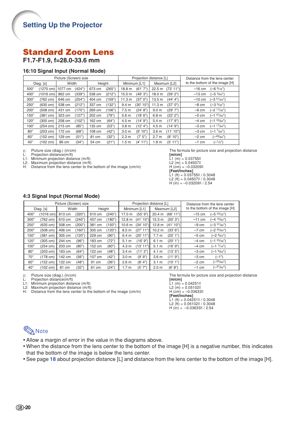 Standard zoom lens, Setting up the projector, 10 signal input (normal mode) | 3 signal input (normal mode) | Sharp Notevision PG-C355W User Manual | Page 22 / 73