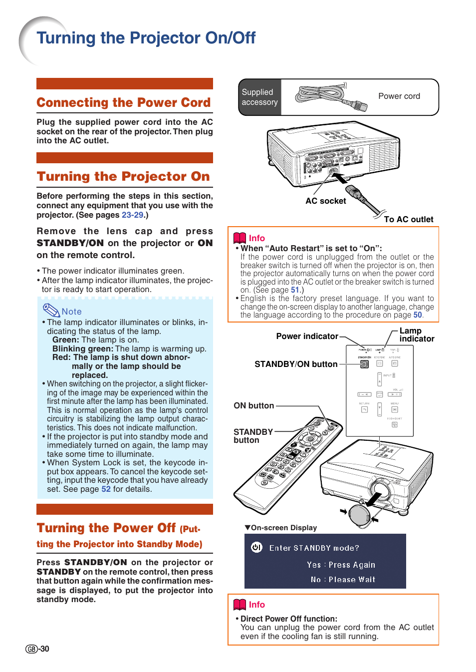 Basic operation, Turning the projector on/off, Connecting the power cord | Turning the projector on, Standby mode), Turning the power off | Sharp Notevision PG-C355W User Manual | Page 32 / 73