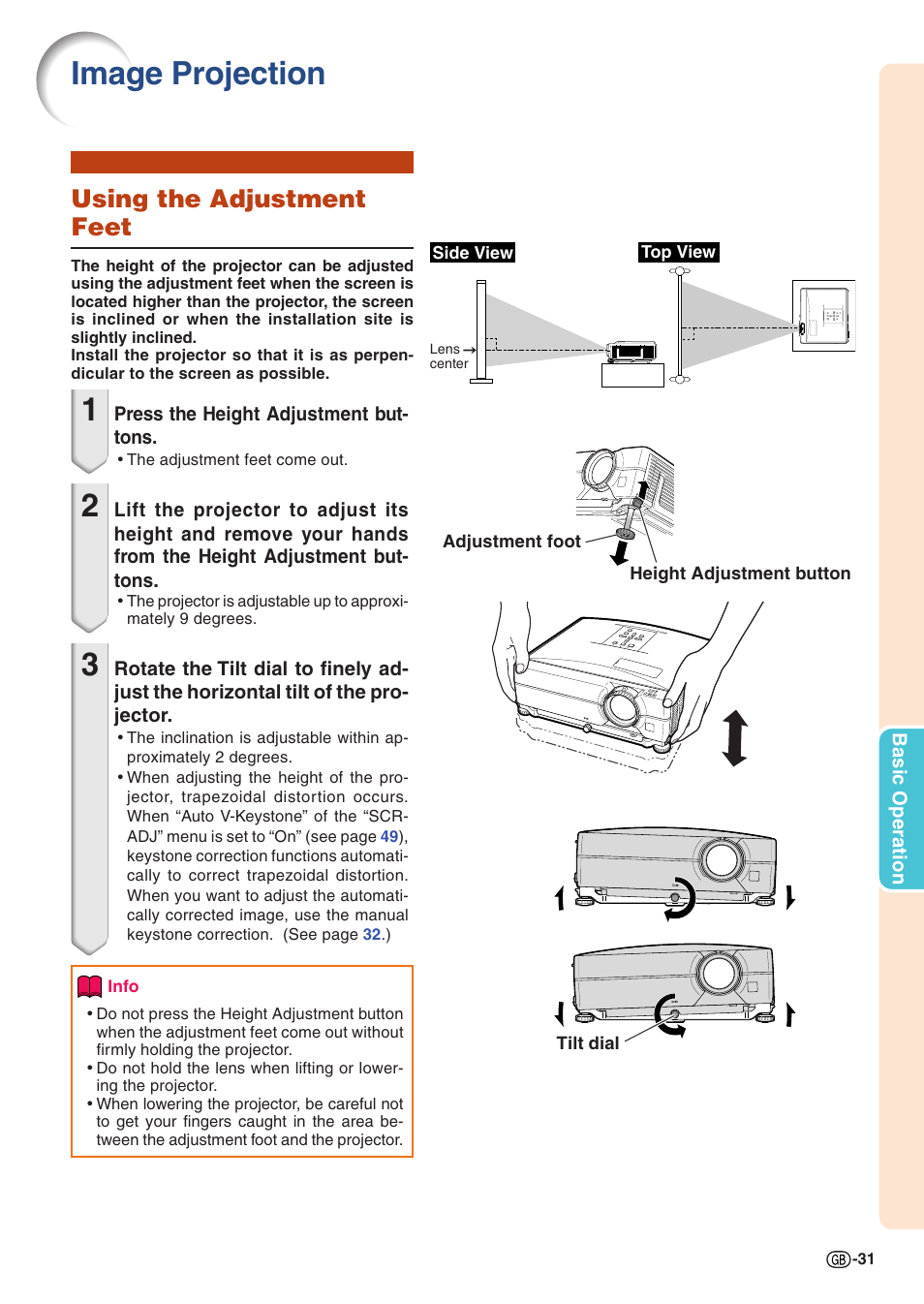 Image projection, Using the adjustment feet, Es 31 | Sharp Notevision PG-C355W User Manual | Page 33 / 73