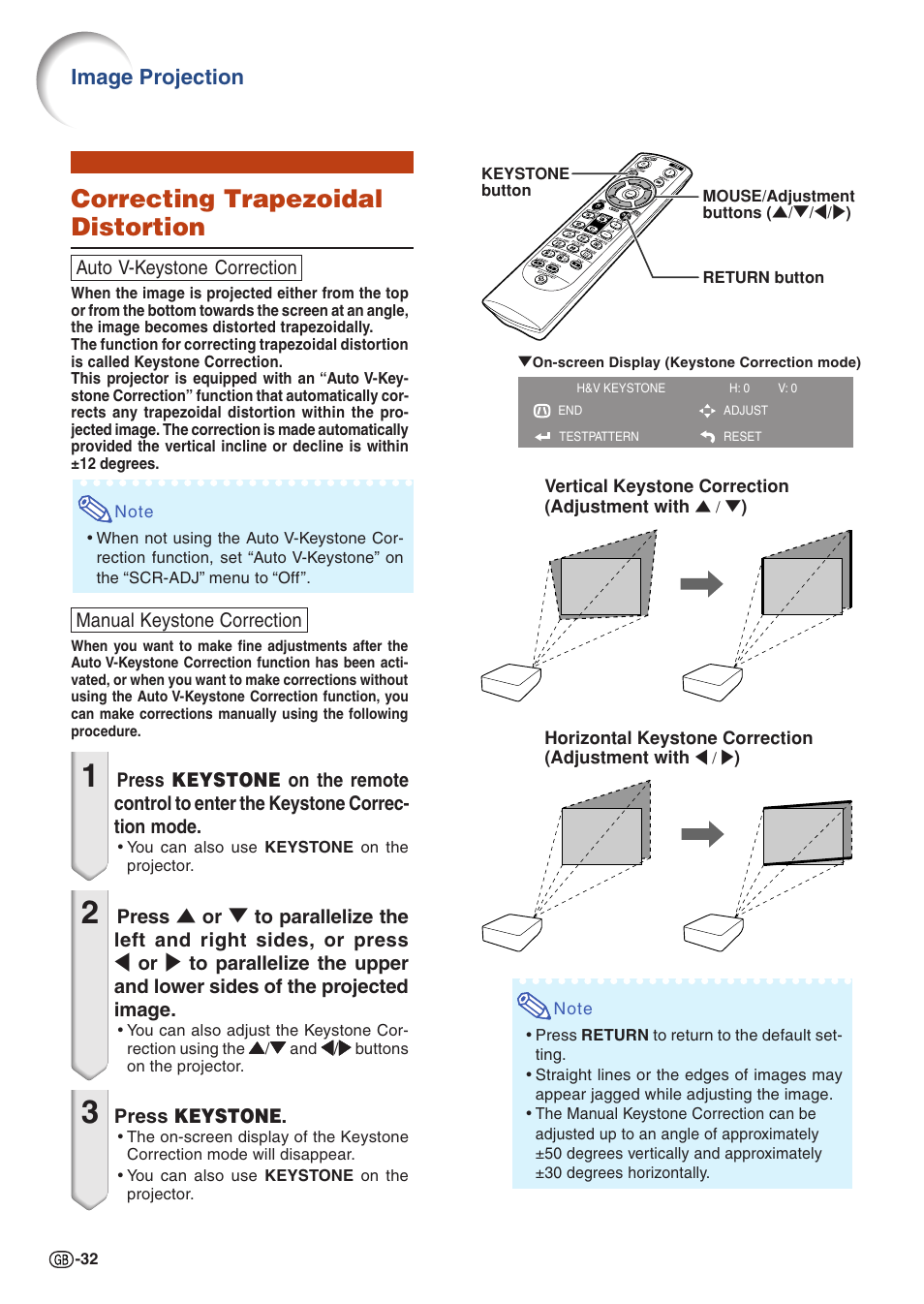 Correcting trapezoidal distortion, Image projection | Sharp Notevision PG-C355W User Manual | Page 34 / 73