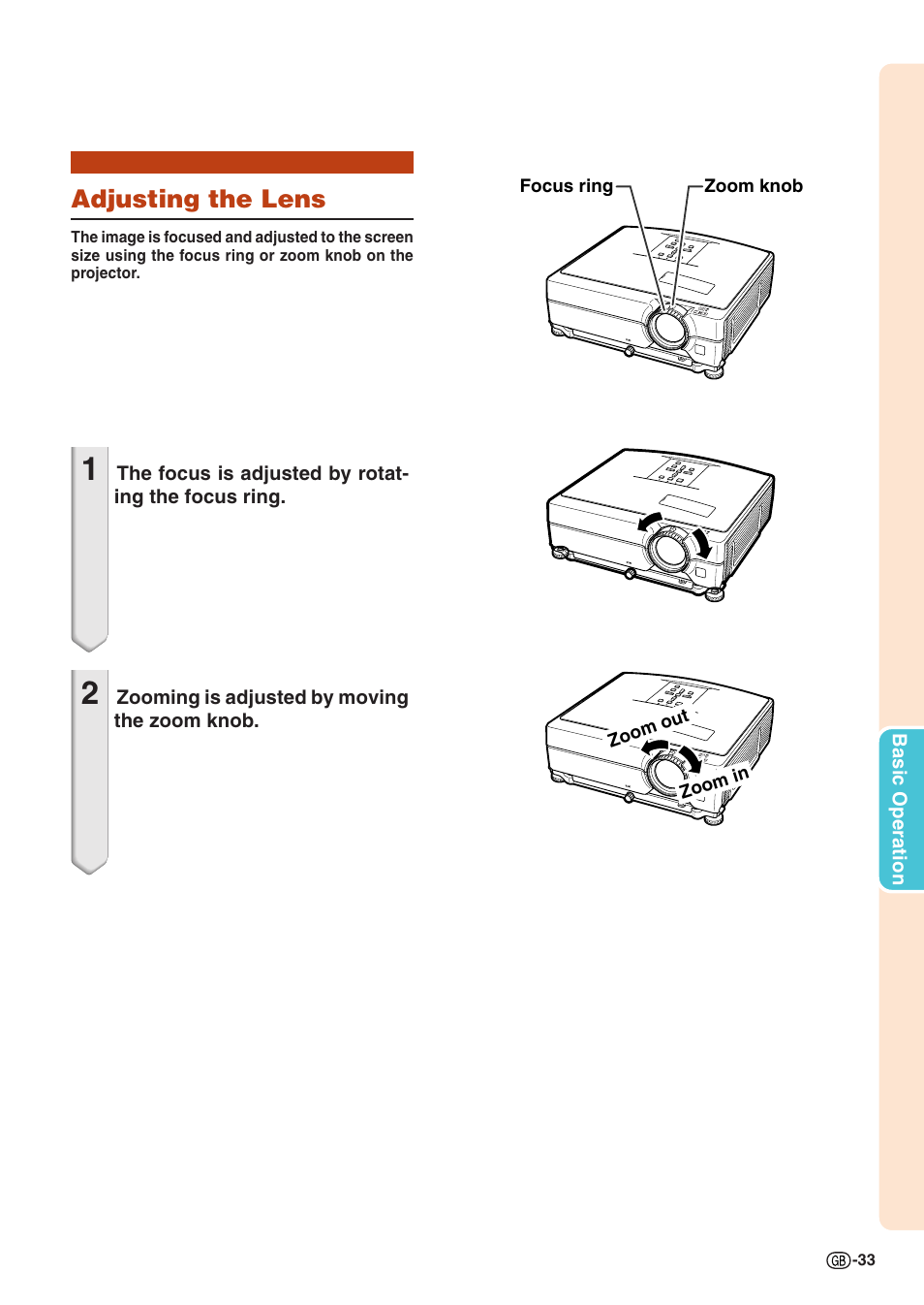 Adjusting the lens | Sharp Notevision PG-C355W User Manual | Page 35 / 73