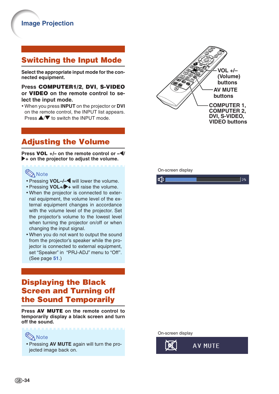 Switching the input mode, Adjusting the volume, The sound temporarily | Image projection | Sharp Notevision PG-C355W User Manual | Page 36 / 73