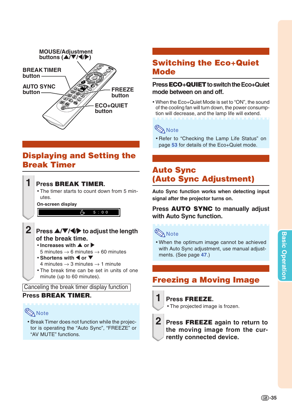 Displaying and setting the break timer, Switching the eco+quiet mode, Auto sync (auto sync adjustment) | Freezing a moving image | Sharp Notevision PG-C355W User Manual | Page 37 / 73