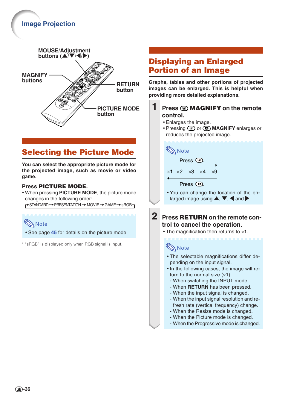 Selecting the picture mode, Displaying an enlarged portion of an image, E/reduce) | Image projection | Sharp Notevision PG-C355W User Manual | Page 38 / 73