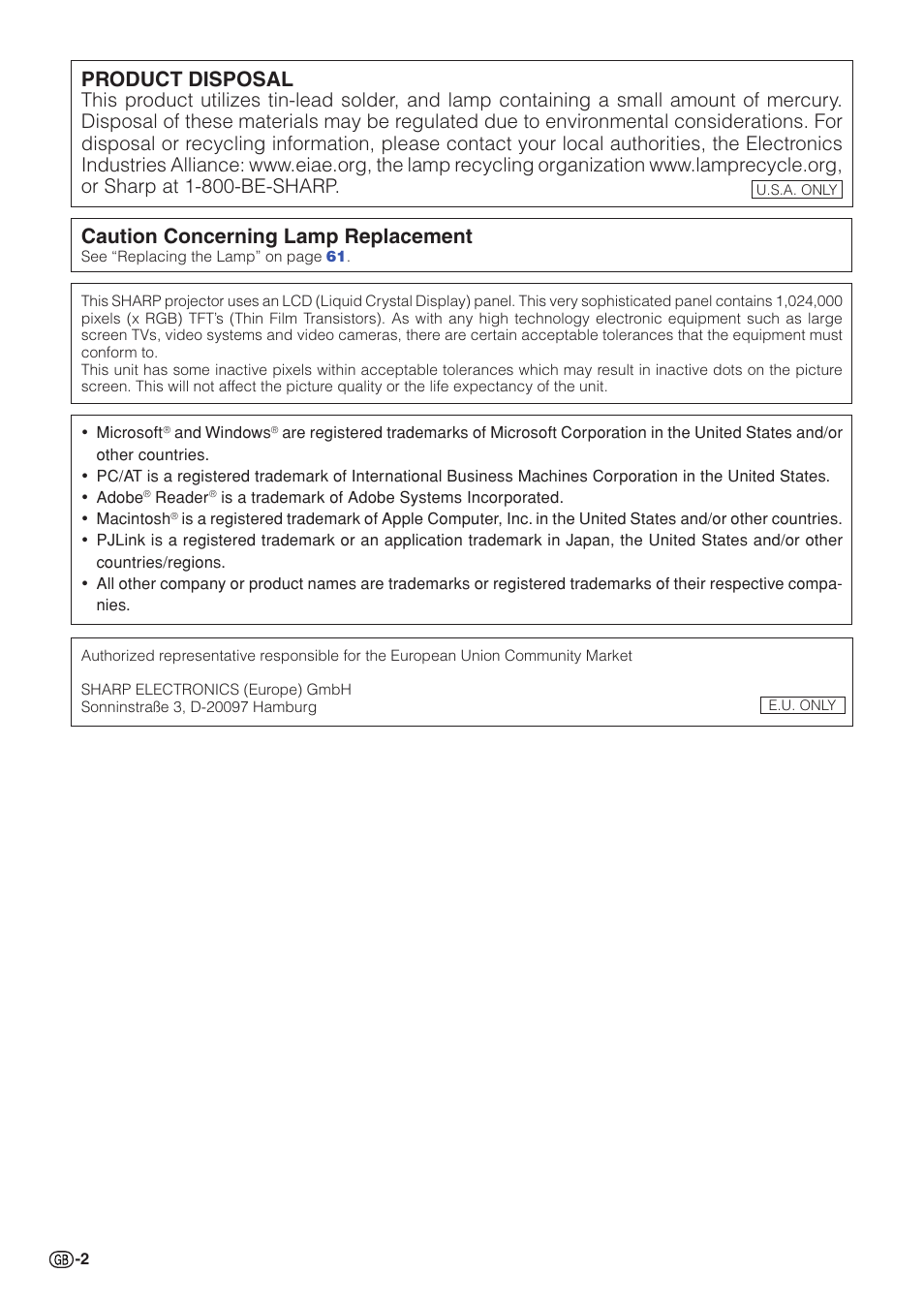 Product disposal, Caution concerning lamp replacement | Sharp Notevision PG-C355W User Manual | Page 4 / 73