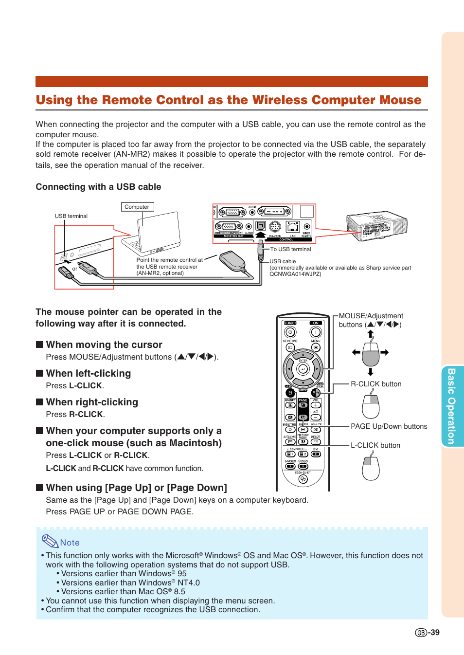 Using the remote control as the wireless, Computer mouse, Basic operation | When moving the cursor, When left-clicking, When right-clicking, When using [page up] or [page down | Sharp Notevision PG-C355W User Manual | Page 41 / 73