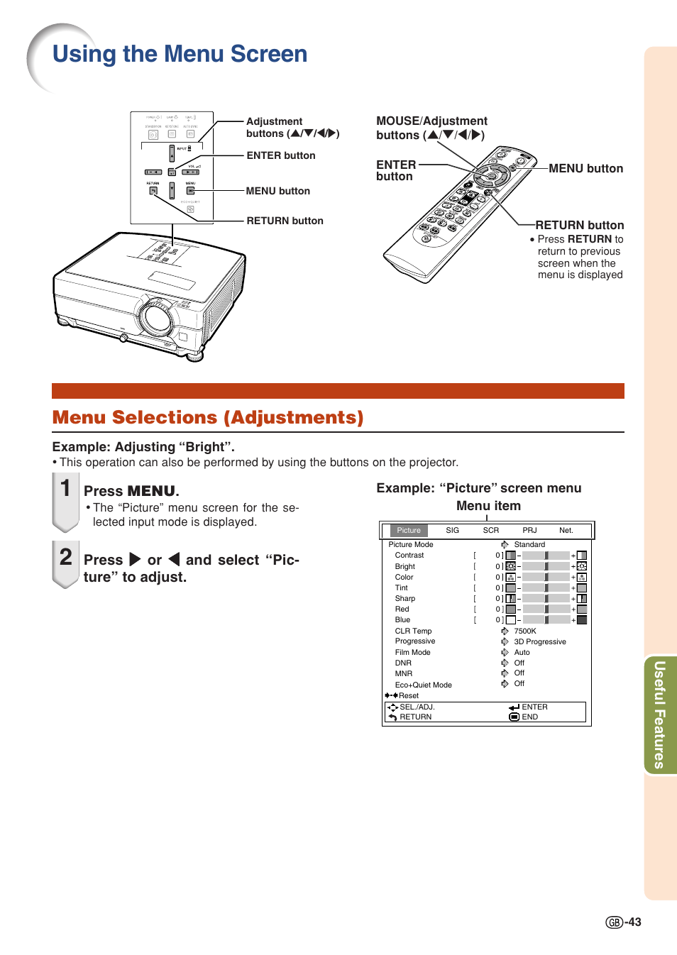 Using the menu screen, Menu selections (adjustments), Useful features | Press menu | Sharp Notevision PG-C355W User Manual | Page 45 / 73