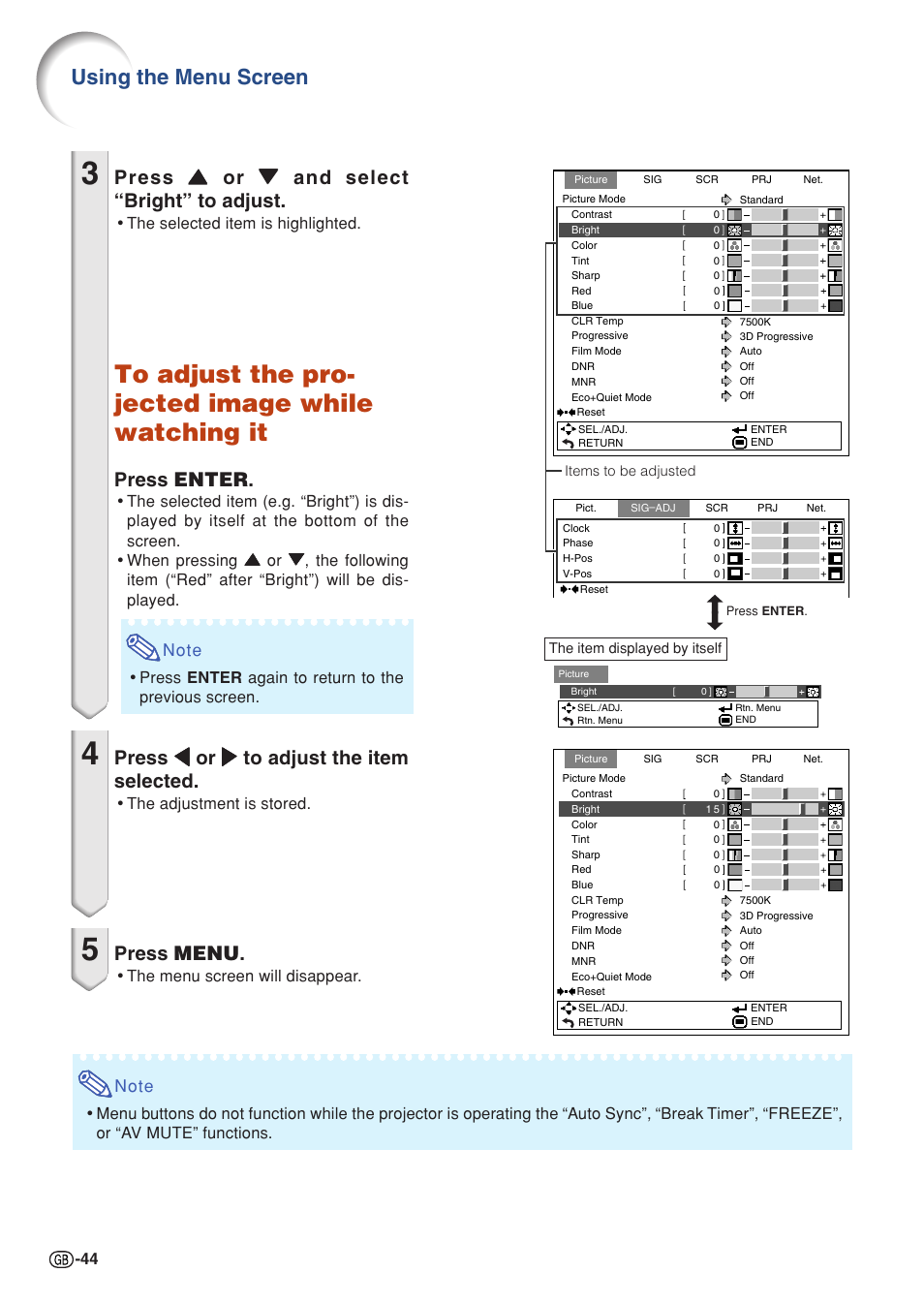 Using the menu screen, Press enter, Press menu | Sharp Notevision PG-C355W User Manual | Page 46 / 73