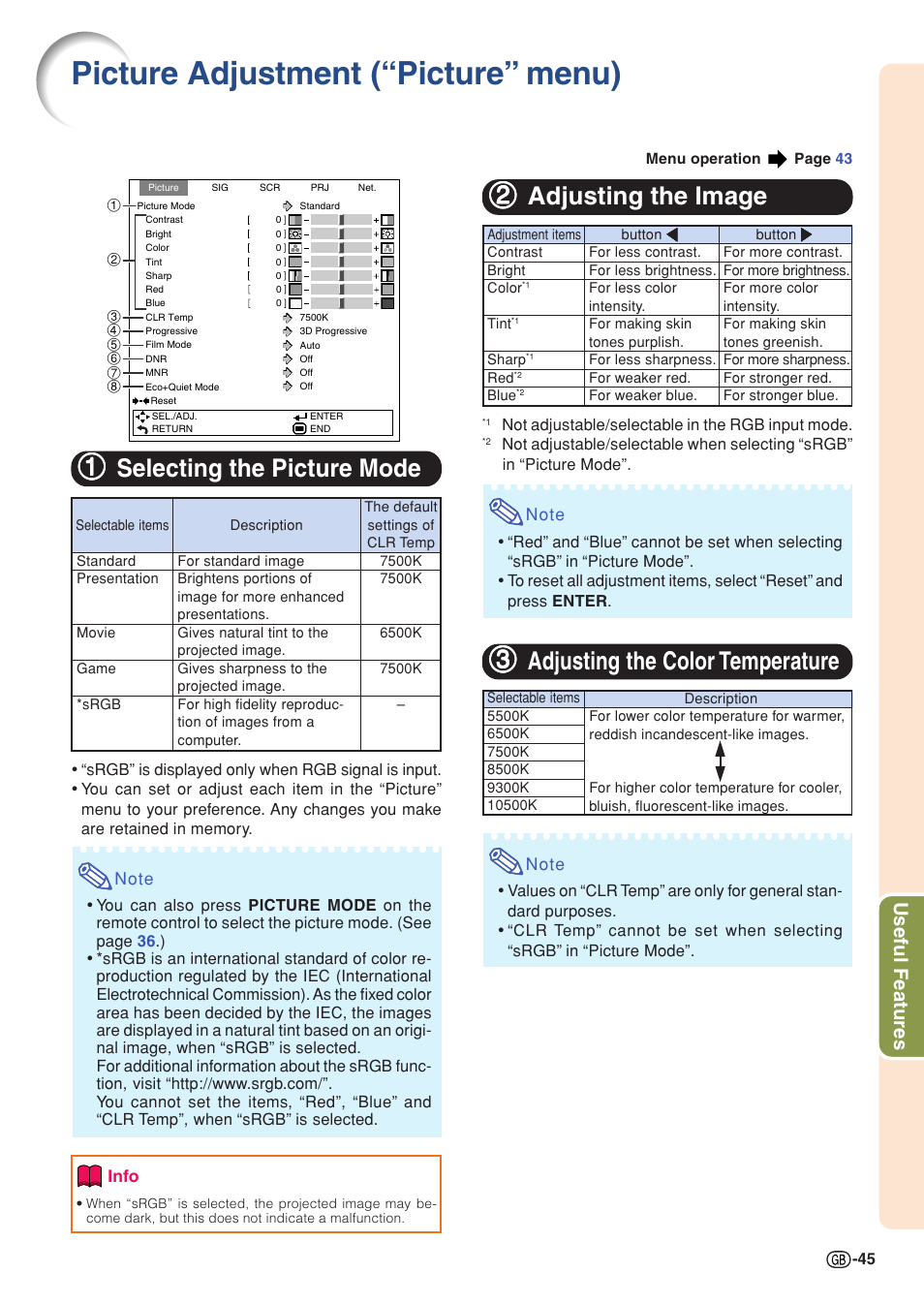 Picture adjustment (“picture” menu), Selecting the picture mode, Adjusting the image | Adjusting the color temperature, 11 selecting the picture mode, 22 adjusting the image, 33 adjusting the color temperature, Useful features | Sharp Notevision PG-C355W User Manual | Page 47 / 73