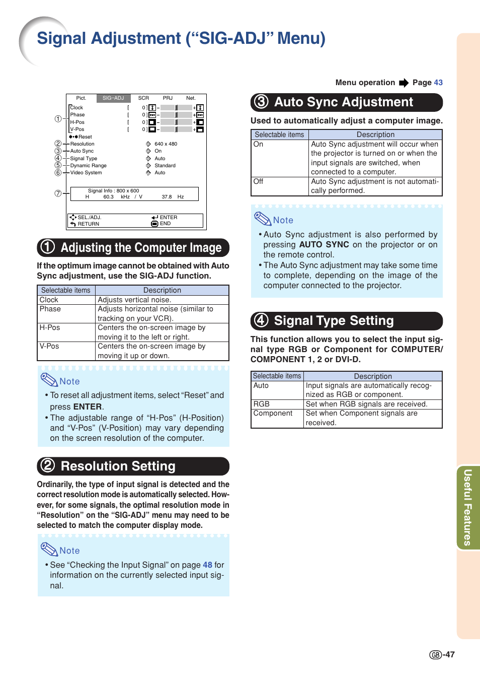 Image adjustment (“sig-adj” menu), Adjusting the computer image, Resolution setting | Auto sync adjustment, Signal type setting, Signal adjustment (“sig-adj” menu), 11 adjusting the computer image, 22 resolution setting, 33 auto sync adjustment, 44 signal type setting | Sharp Notevision PG-C355W User Manual | Page 49 / 73