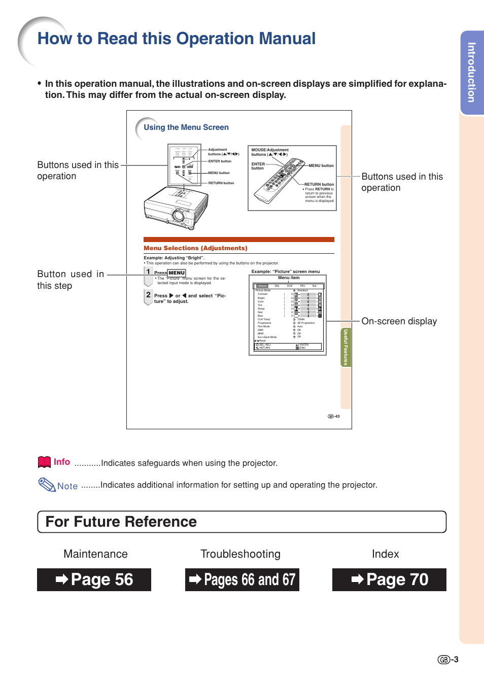 How to read this operation manual, For future reference, Maintenance troubleshooting index | Introduction, On-screen display button used in this step, Buttons used in this operation, Info, Indicates safeguards when using the projector, Using the menu screen | Sharp Notevision PG-C355W User Manual | Page 5 / 73