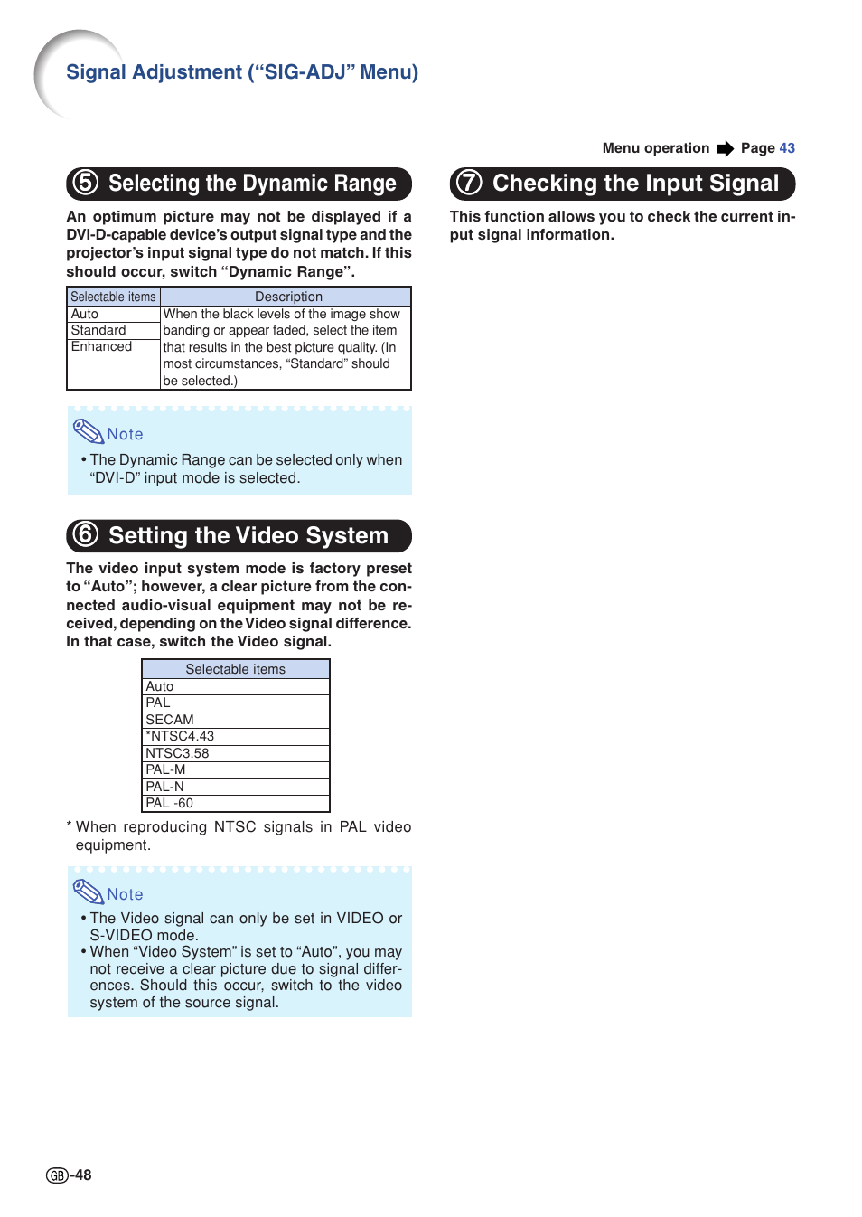 Selecting the dynamic range, Setting the video system, Checking the input signal | 77 checking the input signal, 66 setting the video system, 55 selecting the dynamic range | Sharp Notevision PG-C355W User Manual | Page 50 / 73