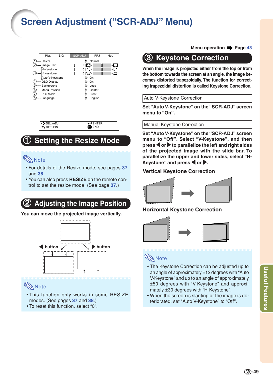 Screen adjustment (“scr-adj” menu), Setting the resize mode, Adjusting the image position | Keystone correction, 11 setting the resize mode, 22 adjusting the image position, 33 keystone correction, Useful features | Sharp Notevision PG-C355W User Manual | Page 51 / 73