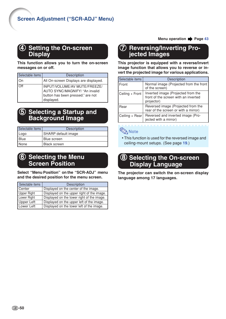 Setting the on-screen display, Selecting a startup and background image, Selecting the menu screen position | Reversing/inverting projected images, Selecting the on-screen display language, 55 selecting a startup and background image, 66 selecting the menu screen position, 77 reversing/inverting pro- jected images, 88 selecting the on-screen display language, 44 setting the on-screen display | Sharp Notevision PG-C355W User Manual | Page 52 / 73