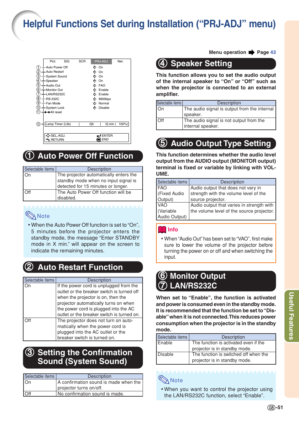 Auto power off function, Auto restart function, Setting the confirmation sound (system sound) | Speaker setting, Audio output type setting, Monitor output, Lan/rs232c, Helpful functions set during installation, Prj-adj” menu), System sound) | Sharp Notevision PG-C355W User Manual | Page 53 / 73