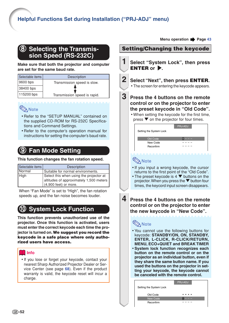 Selecting the transmission speed (rs-232c), Fan mode setting, System lock function | For details, 99 fan mode setting, 00 system lock function, Setting/changing the keycode | Sharp Notevision PG-C355W User Manual | Page 54 / 73