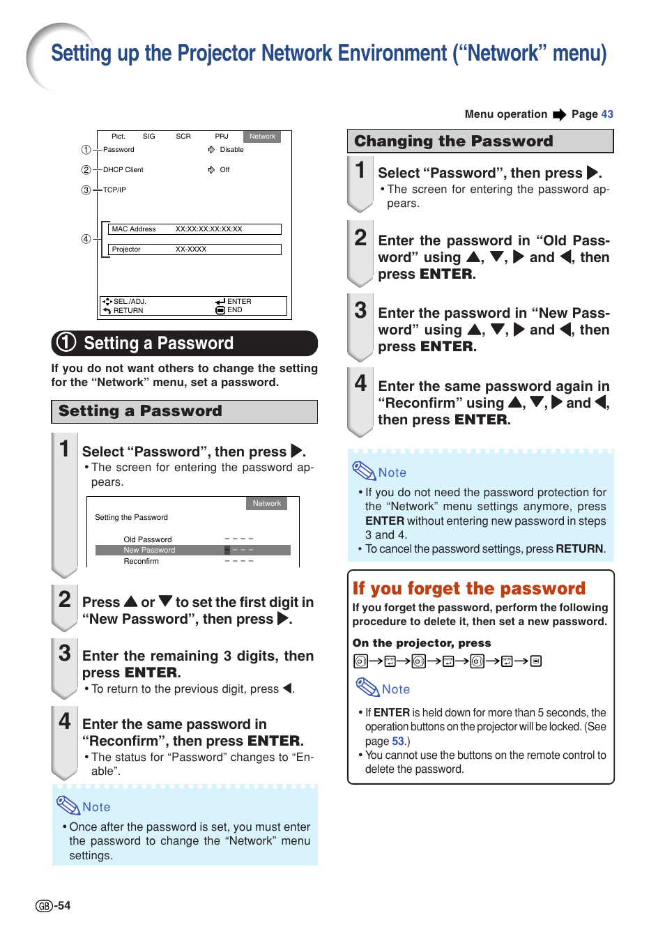 Setting a password, Setting up the projector network, Environment (“network” menu) | 11 setting a password, If you forget the password, Changing the password | Sharp Notevision PG-C355W User Manual | Page 56 / 73