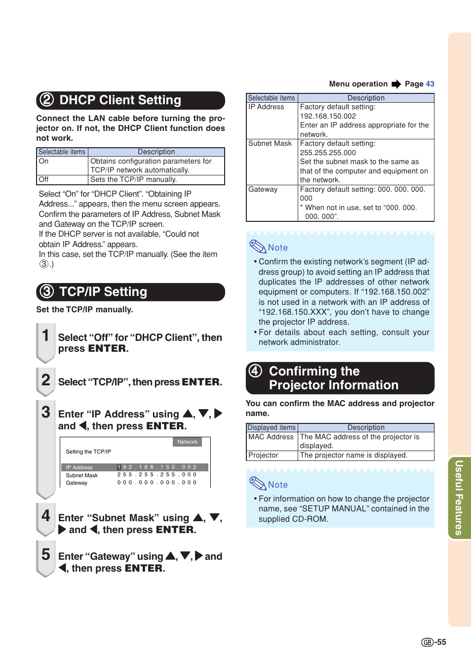 Dhcp client setting, Tcp/ip setting, Confirming the projector information | 22 dhcp client setting, 33 tcp/ip setting | Sharp Notevision PG-C355W User Manual | Page 57 / 73