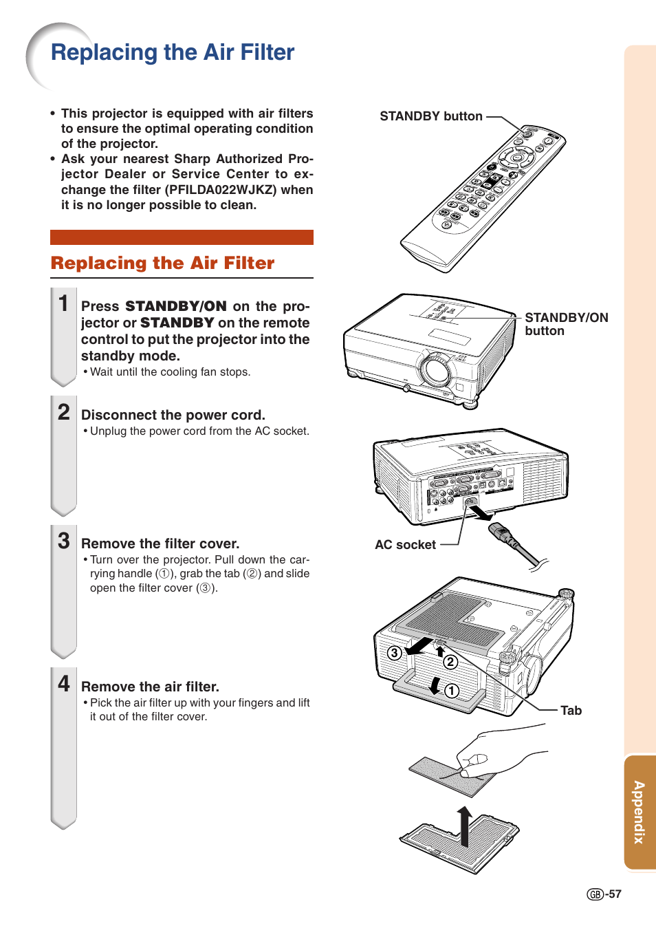 Replacing the air filter | Sharp Notevision PG-C355W User Manual | Page 59 / 73