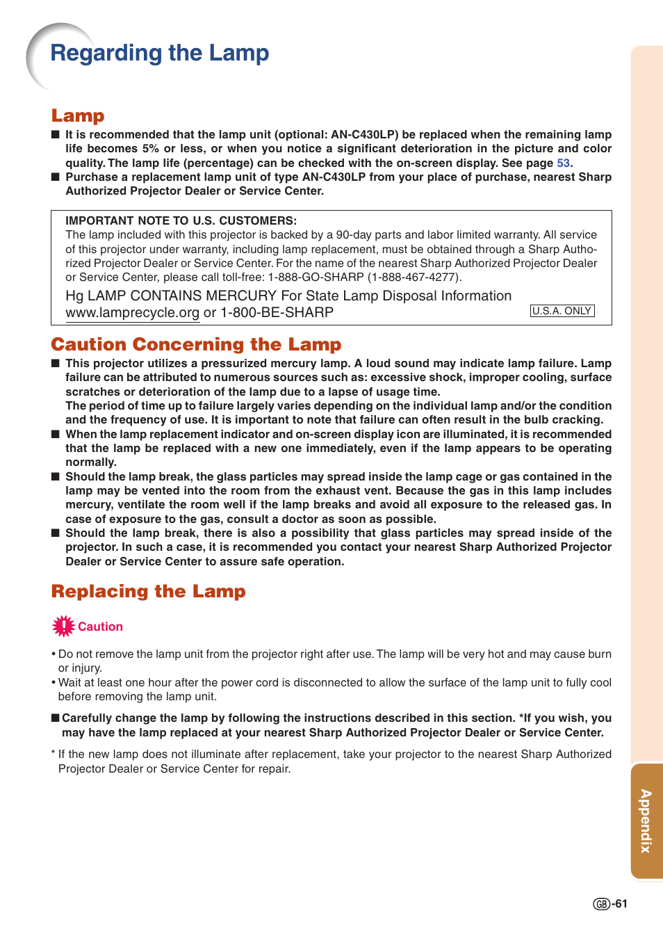 Regarding the lamp, Lamp, Caution concerning the lamp | Replacing the lamp | Sharp Notevision PG-C355W User Manual | Page 63 / 73