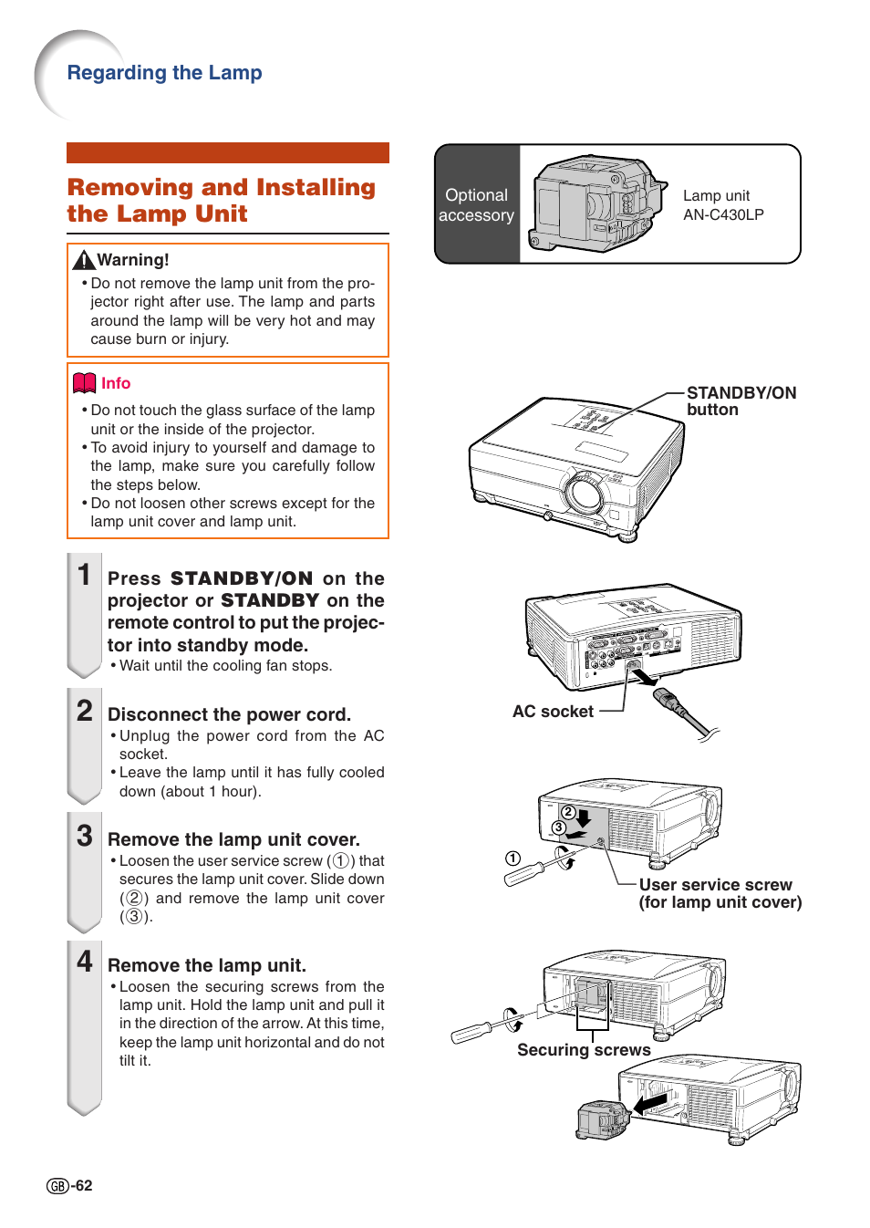 Removing and installing the lamp unit | Sharp Notevision PG-C355W User Manual | Page 64 / 73