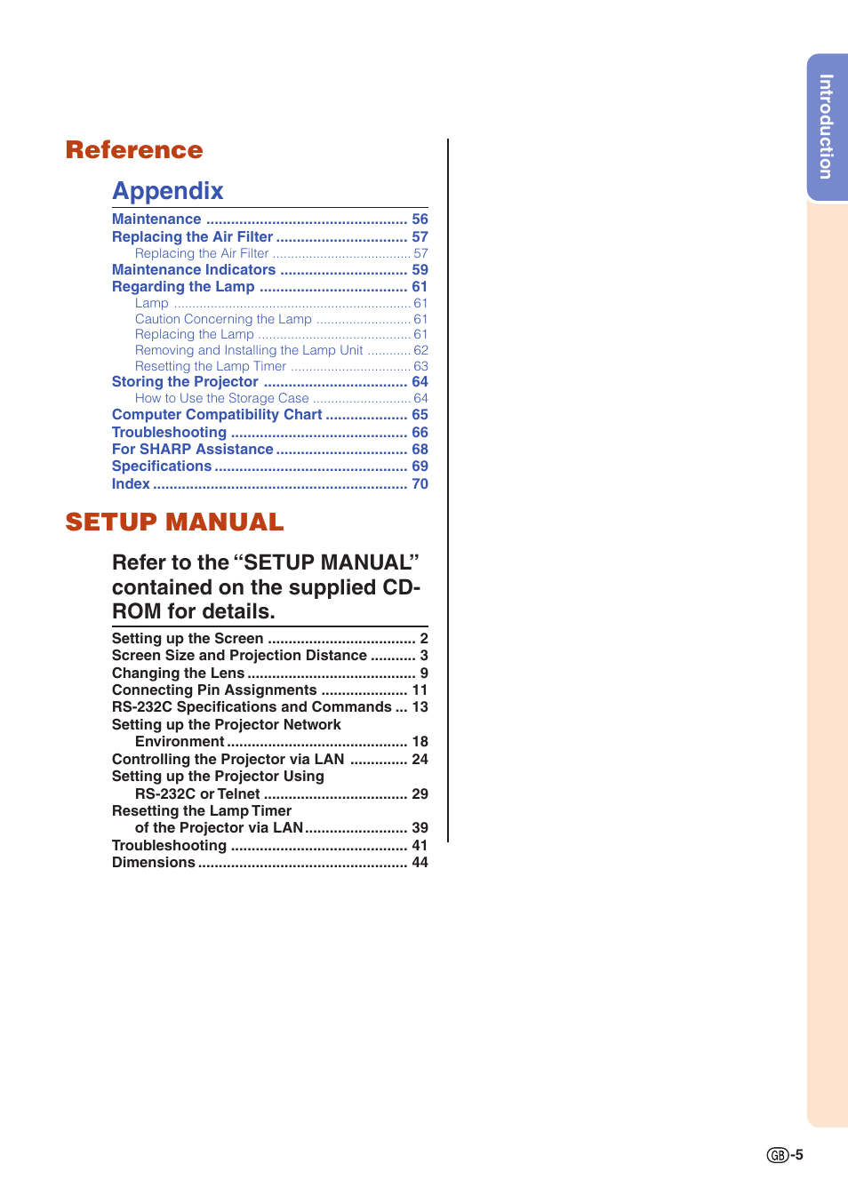 Reference appendix, Setup manual | Sharp Notevision PG-C355W User Manual | Page 7 / 73