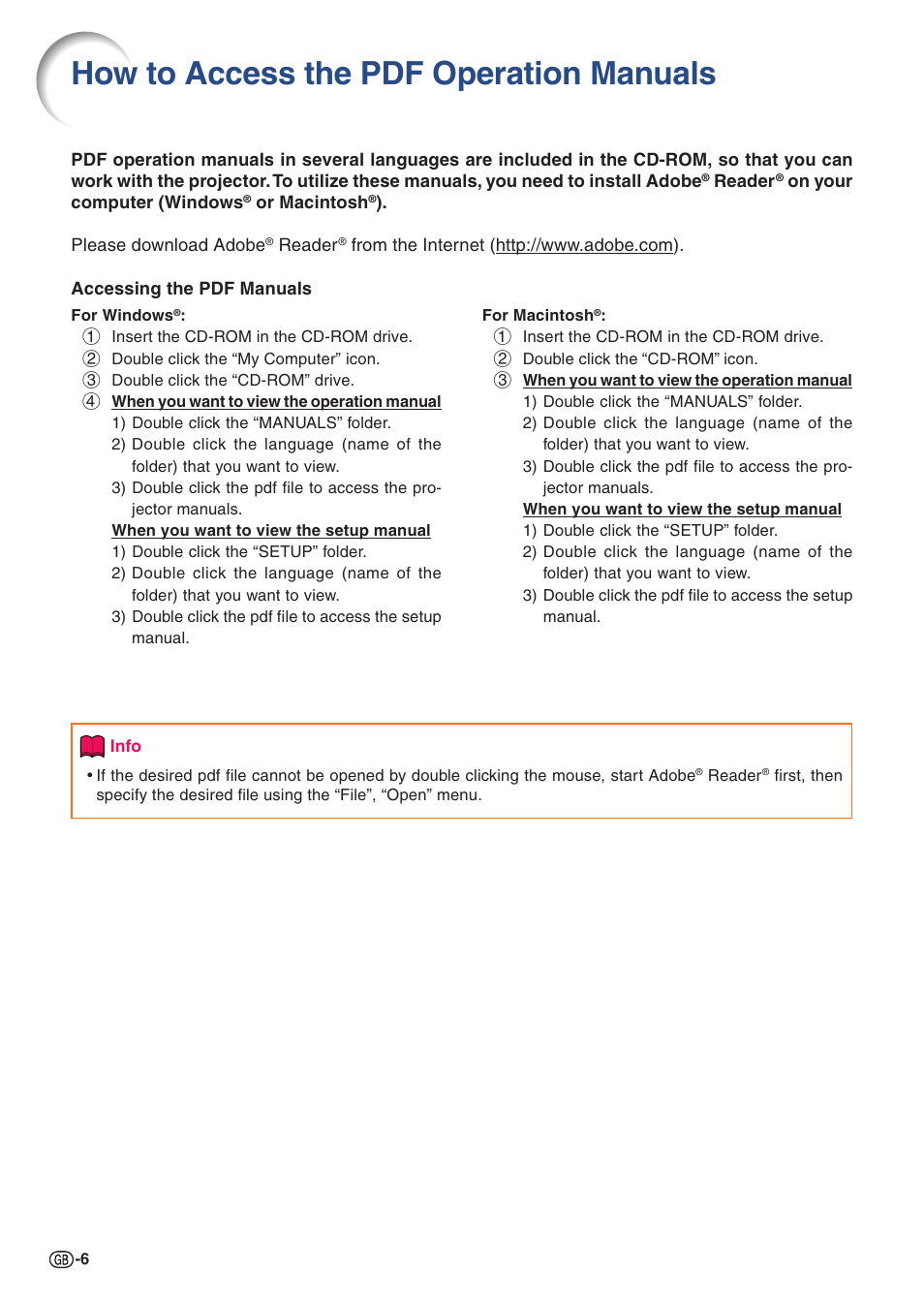 How to access the pdf operation manuals | Sharp Notevision PG-C355W User Manual | Page 8 / 73