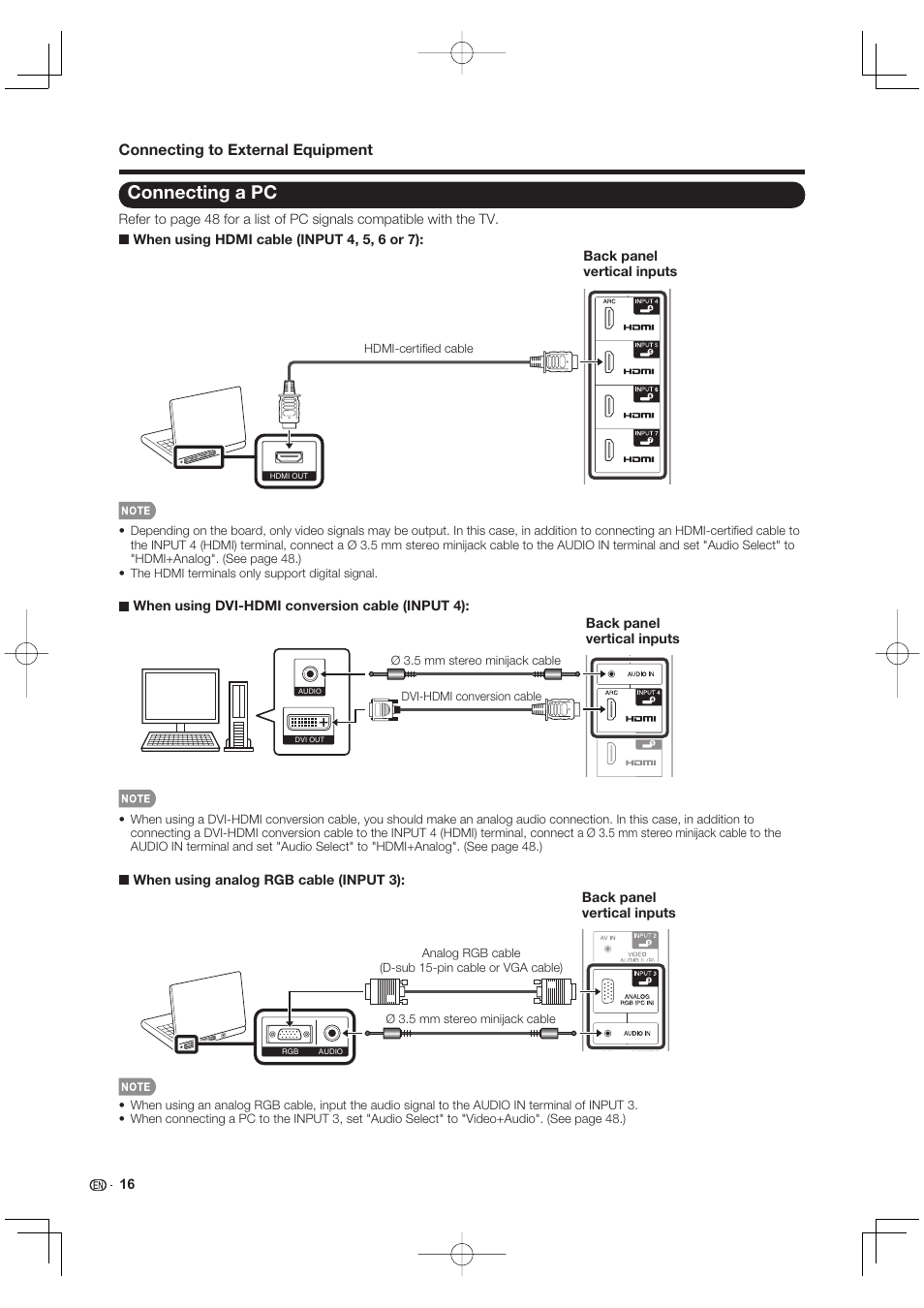 Connecting a pc, Connecting to external equipment | Sharp AQUOS 10P02-MX-NM User Manual | Page 18 / 72