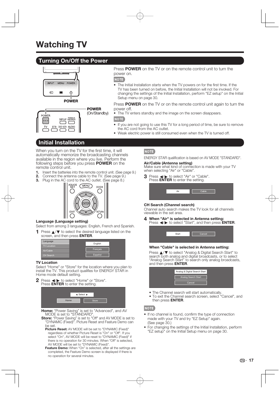Watching tv, Turning on/off the power, Initial installation | Sharp AQUOS 10P02-MX-NM User Manual | Page 19 / 72