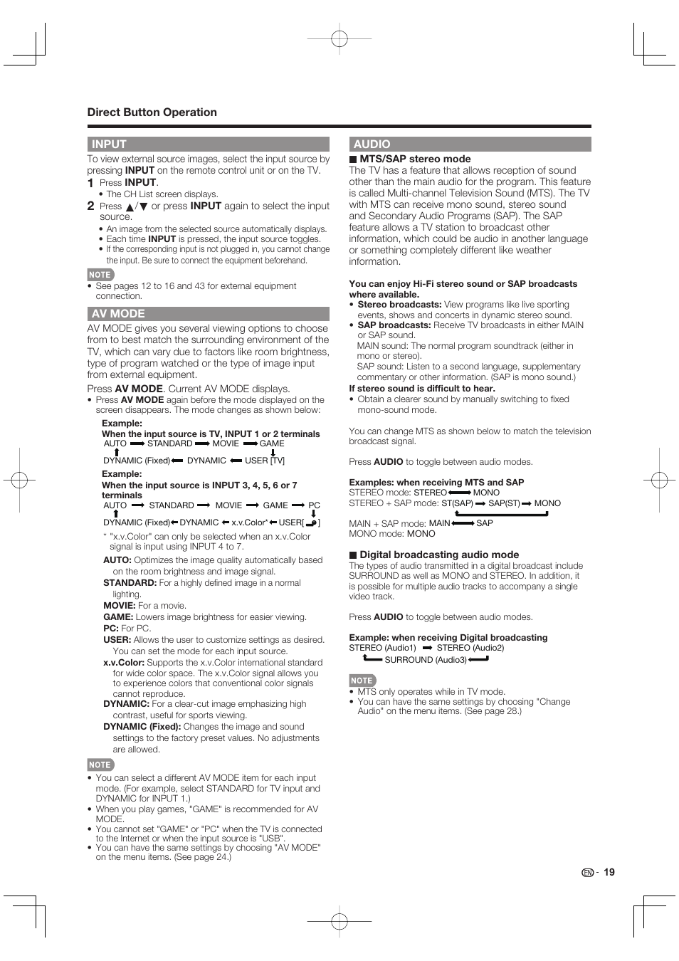 Input, Av mode, Audio | Sharp AQUOS 10P02-MX-NM User Manual | Page 21 / 72