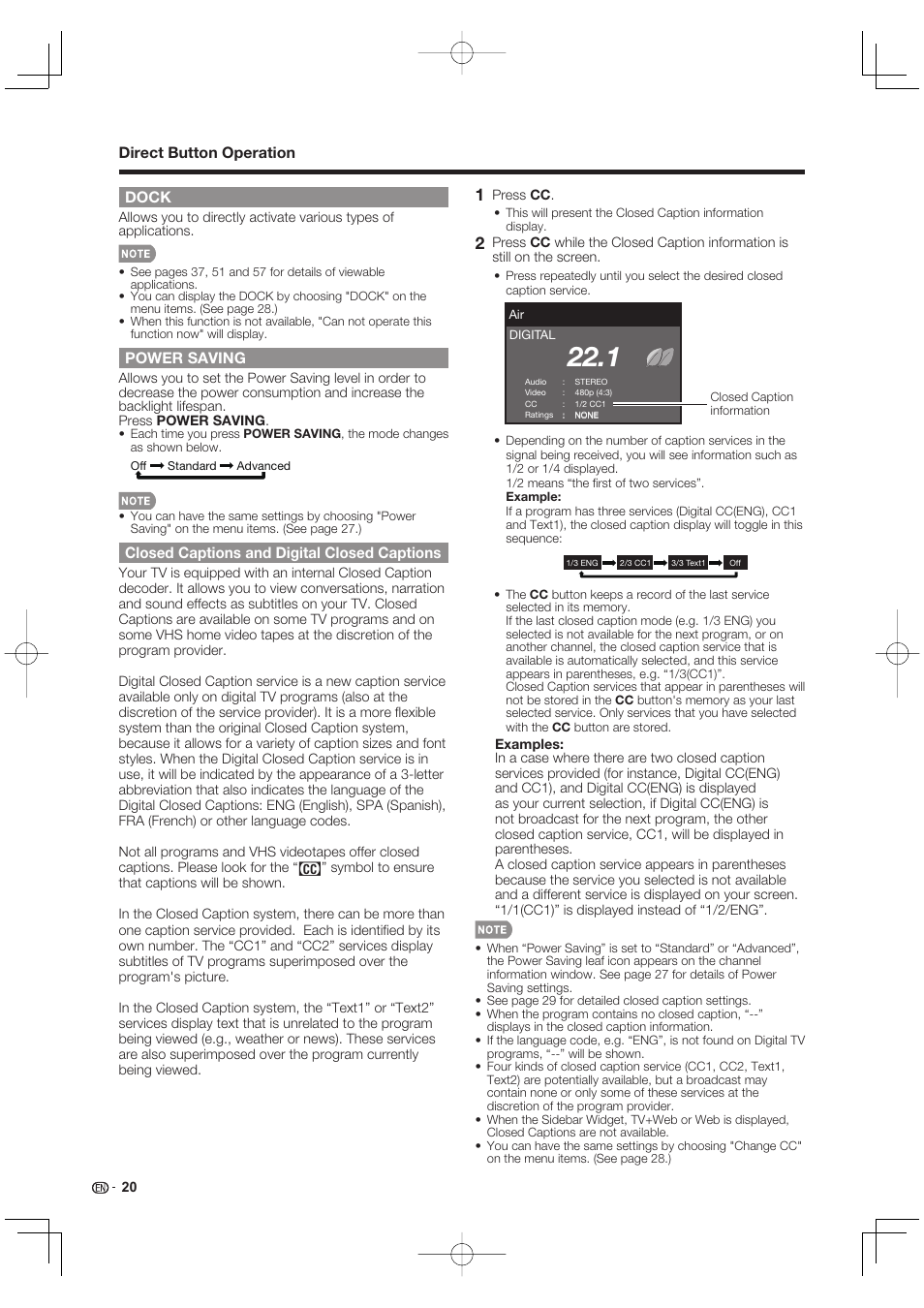 Dock, Power saving, Closed captions and digital closed captions | Direct button operation | Sharp AQUOS 10P02-MX-NM User Manual | Page 22 / 72
