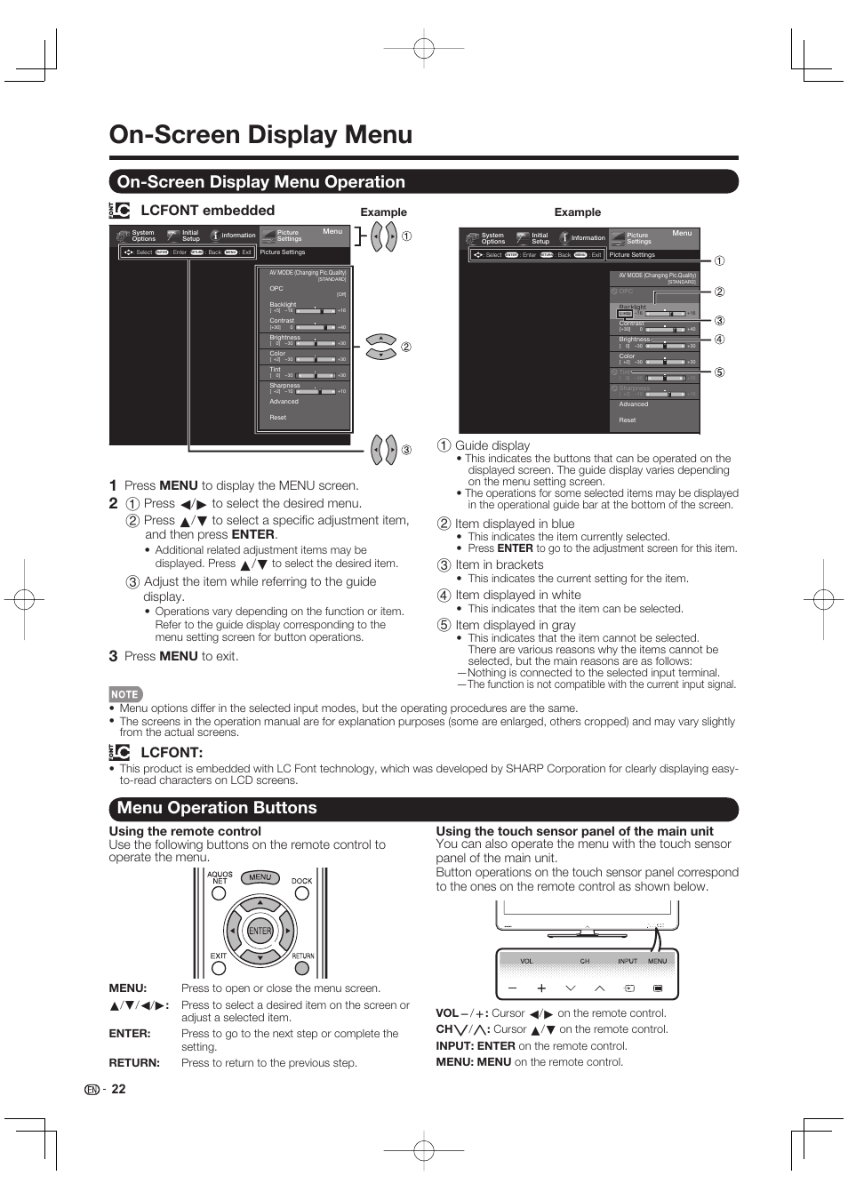On-screen display menu, On-screen display menu operation, Menu operation buttons | Lcfont, Lcfont embedded, 22 1 guide display, 2 item displayed in blue, 3 item in brackets, 4 item displayed in white, 5 item displayed in gray | Sharp AQUOS 10P02-MX-NM User Manual | Page 24 / 72