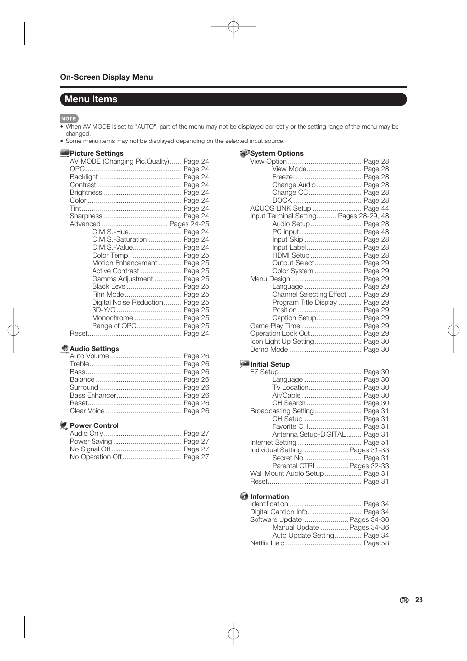 Menu items | Sharp AQUOS 10P02-MX-NM User Manual | Page 25 / 72
