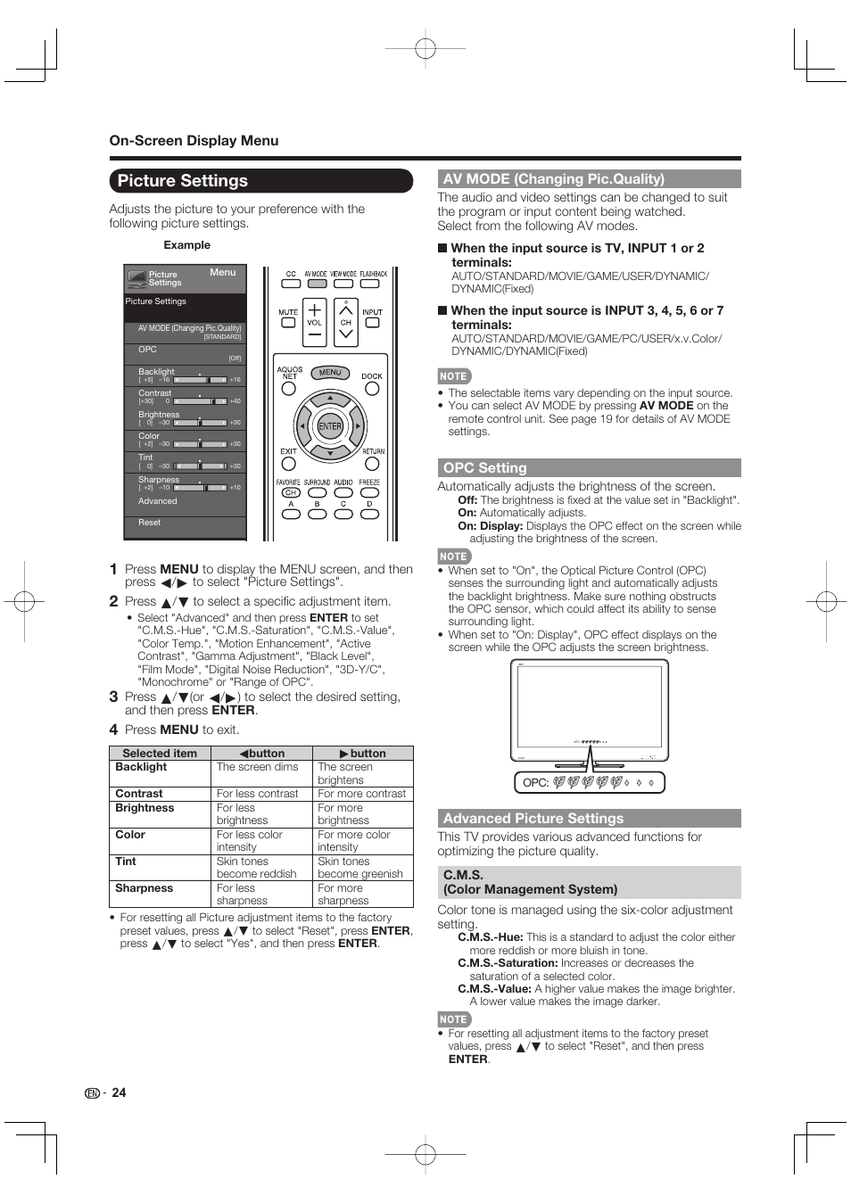 Picture settings, Opc setting, Advanced picture settings | Sharp AQUOS 10P02-MX-NM User Manual | Page 26 / 72