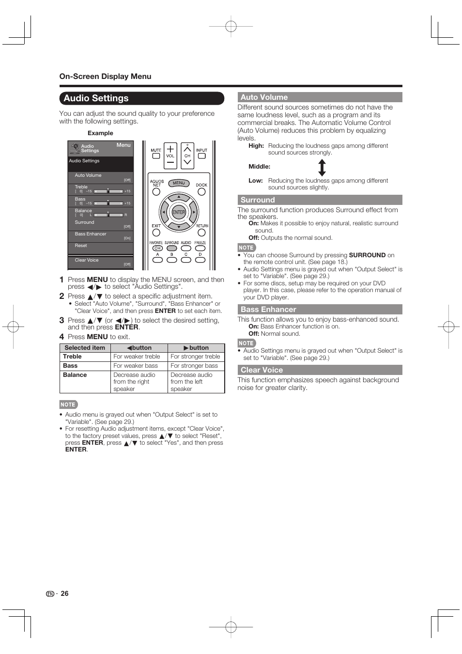 Audio settings, On-screen display menu, Auto volume | Surround, Bass enhancer, Clear voice | Sharp AQUOS 10P02-MX-NM User Manual | Page 28 / 72