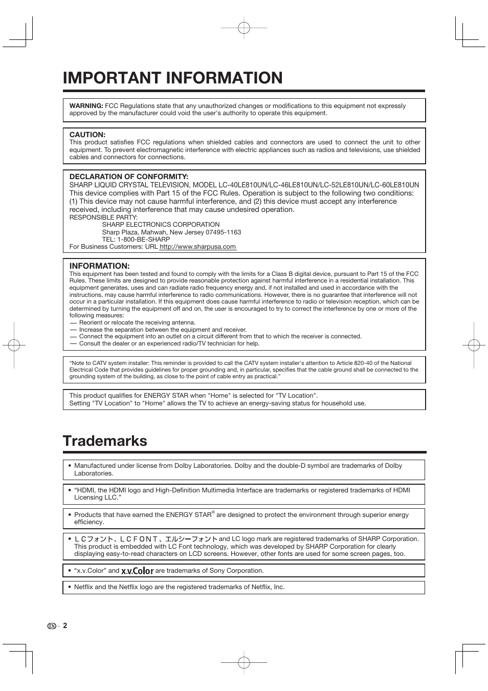 Trademarks, Important information | Sharp AQUOS 10P02-MX-NM User Manual | Page 4 / 72