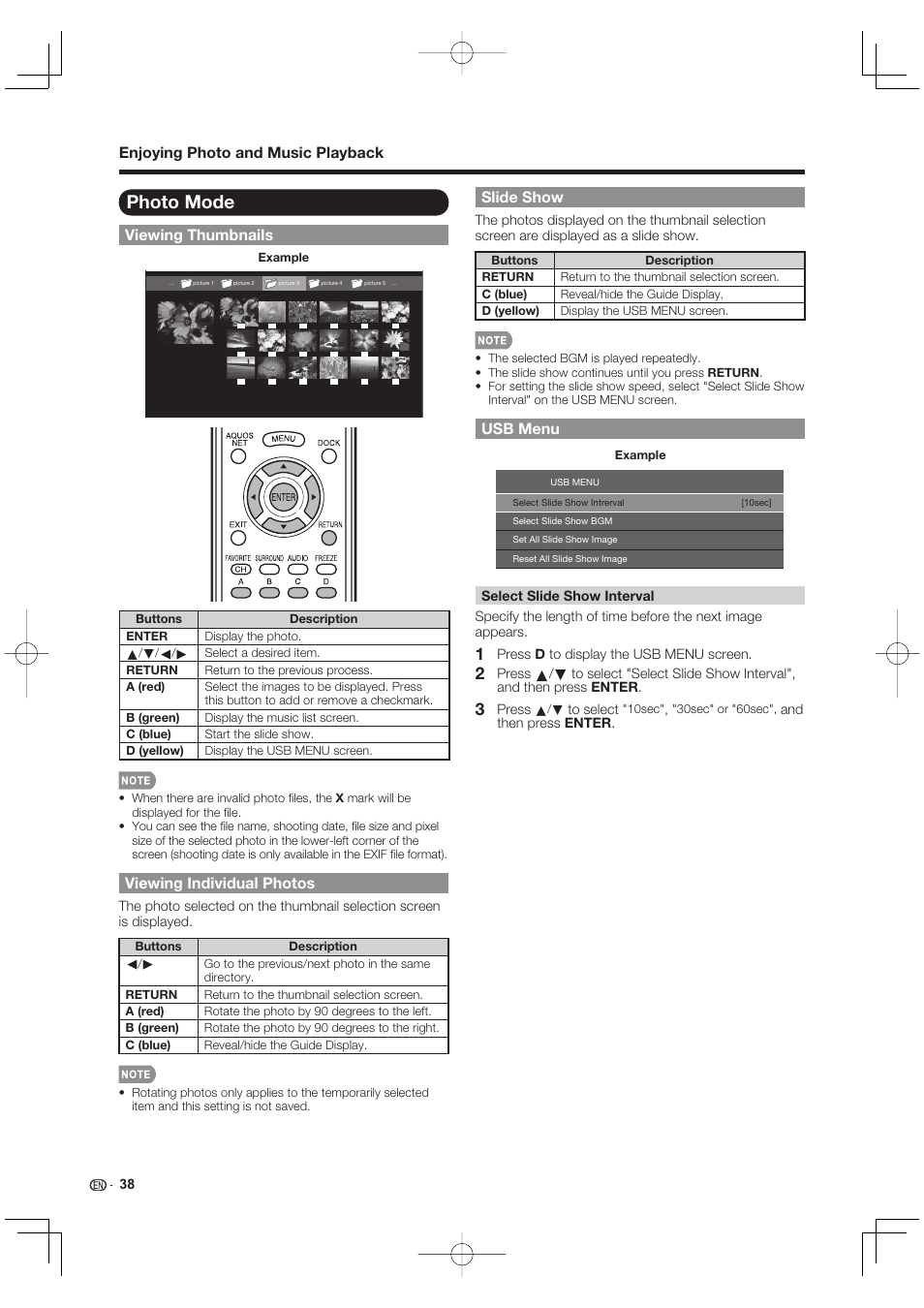 Photo mode, Enjoying photo and music playback, Viewing thumbnails | Viewing individual photos, Slide show, Usb menu | Sharp AQUOS 10P02-MX-NM User Manual | Page 40 / 72