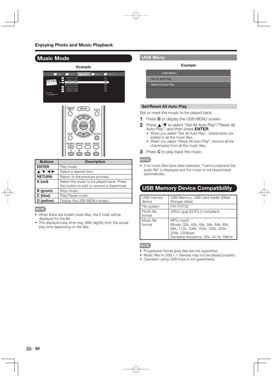 Music mode, Usb memory device compatibility, Enjoying photo and music playback | Usb menu | Sharp AQUOS 10P02-MX-NM User Manual | Page 42 / 72