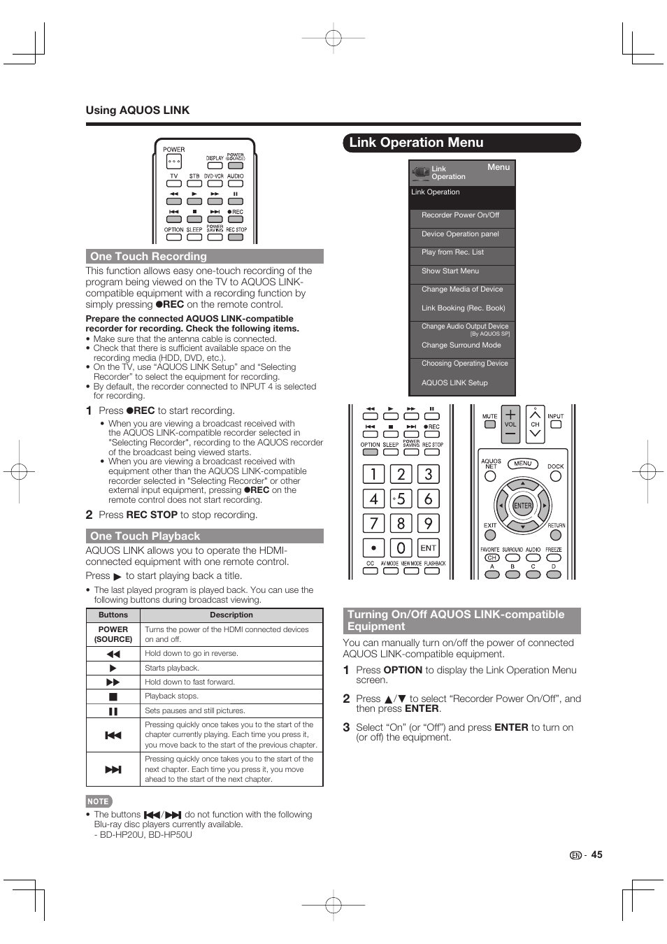 Link operation menu, Turning on/off aquos link-compatible equipment, Using aquos link one touch recording | One touch playback | Sharp AQUOS 10P02-MX-NM User Manual | Page 47 / 72