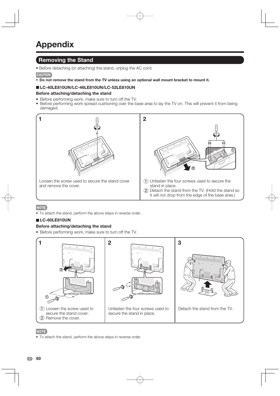 Appendix, Removing the stand | Sharp AQUOS 10P02-MX-NM User Manual | Page 62 / 72