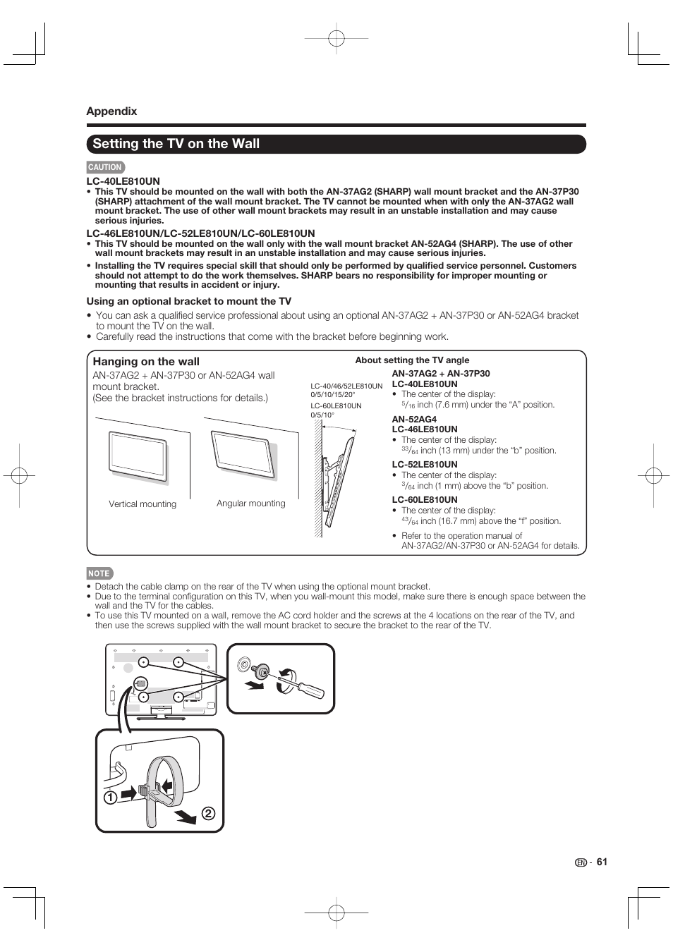 Setting the tv on the wall, Hanging on the wall, Appendix | Sharp AQUOS 10P02-MX-NM User Manual | Page 63 / 72