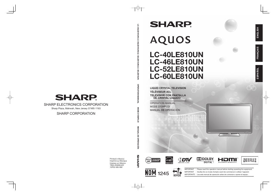 Sharp electronics corporation, Sharp corporation | Sharp AQUOS 10P02-MX-NM User Manual | Page 72 / 72